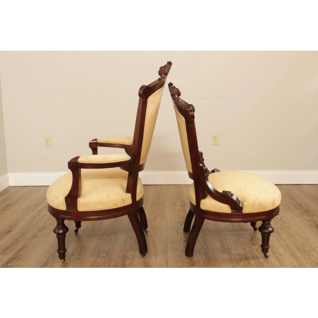 Wood Antique Victorian His & Hers Walnut Armchairs - A Pair For Sale - Image 7 of 13