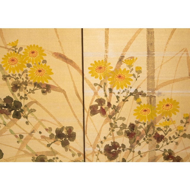 "Tit and Chrysanthemums", Showa Era Japanese Painted Silk Bybu Screen For Sale - Image 9 of 18