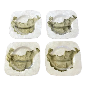 Vintage Capiz Shell Square Plates With Green Banana Palm- Set of 4