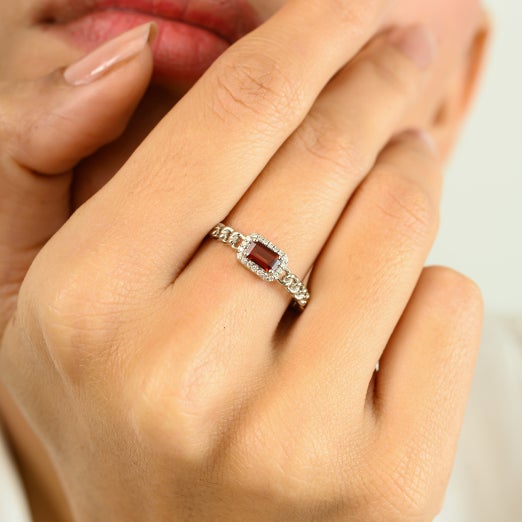 Baguette Cut Garnet Halo Diamond Birthstone Ring Size 6.5 in 14k White Gold For Sale - Image 4 of 11