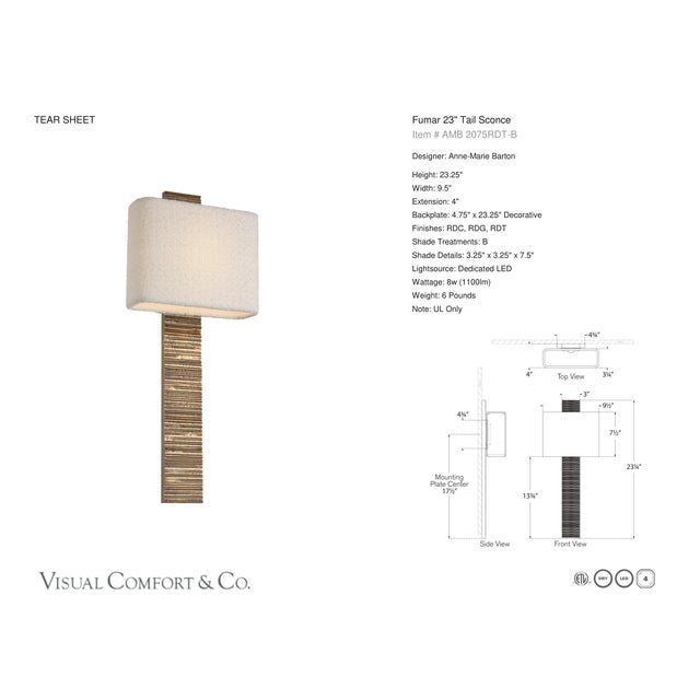 Modern Anne-Marie Barton for Visual Comfort Signature Fumar 23" Tail Sconce in Ridged Tombac with Bouclé Shade For Sale - Image 3 of 13