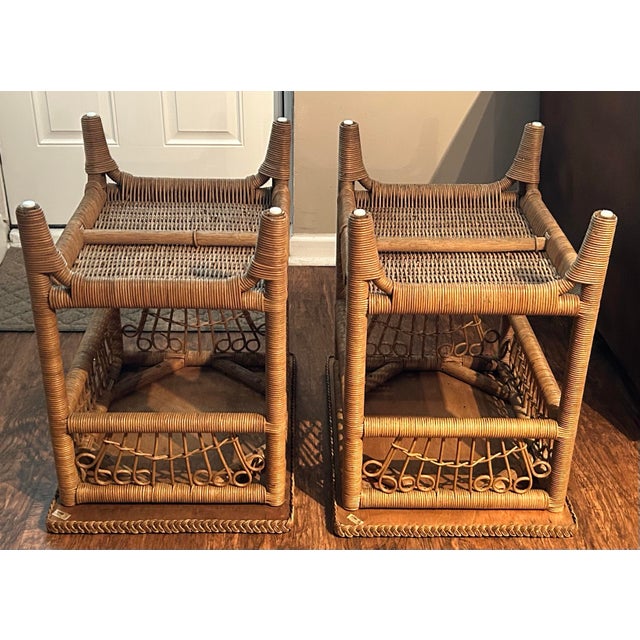A Pair of Vintage Coastal-Style Wicker and Rattan End Tables by Pacific Traders and Manufacturing Corporation PTMC in the Philippines. For Sale In Philadelphia - Image 6 of 12