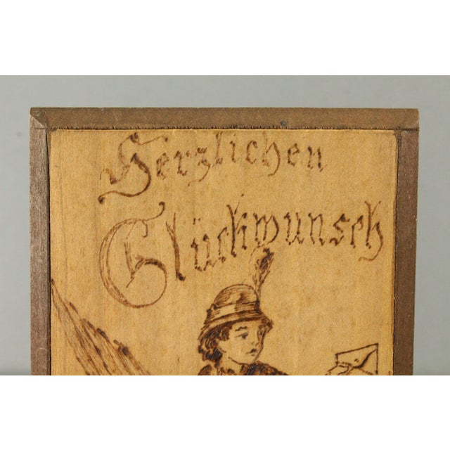 1886 Pyrographed Wood Greetings Card Boy & Pigeon Post, German Folk Art For Sale In Houston - Image 6 of 15