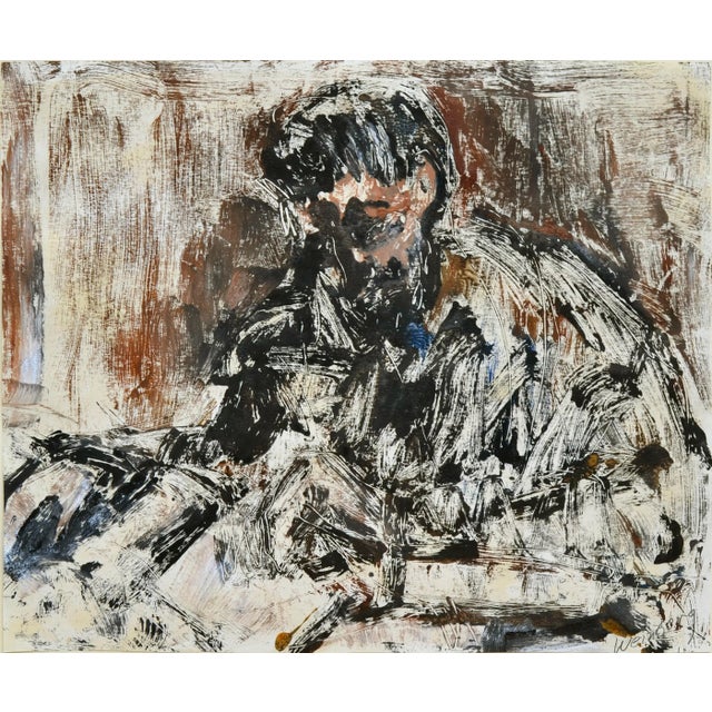 Mid-century, Bay Area artist's mono-print self portrait, one of one, with oil in earth tones and a bit of blue and white...