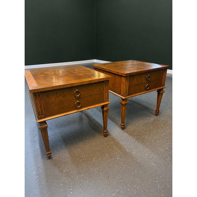 Neoclassical 1960’s Heritage Furniture Burl Wood Nightstands (A Pair) For Sale - Image 3 of 11