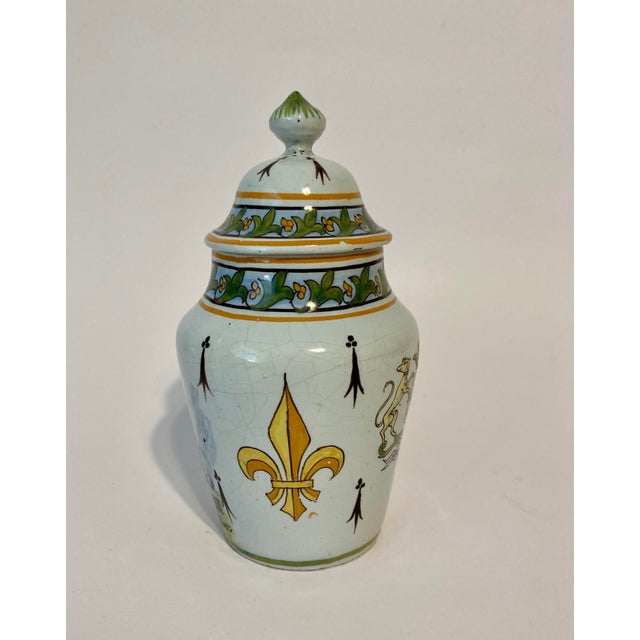 French Antique French Faience Desvres Lidded Jar With Breton & Fluer De Lys For Sale - Image 3 of 10