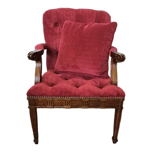 Vintage Georgian Style Carved Wood With Tufted Upholstery Bergere Chair