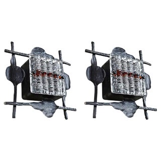 Brutalist Glass and Wrought Iron Lights by Tom Ahlström & Hans Ehrich, 1968, Set of 2 For Sale