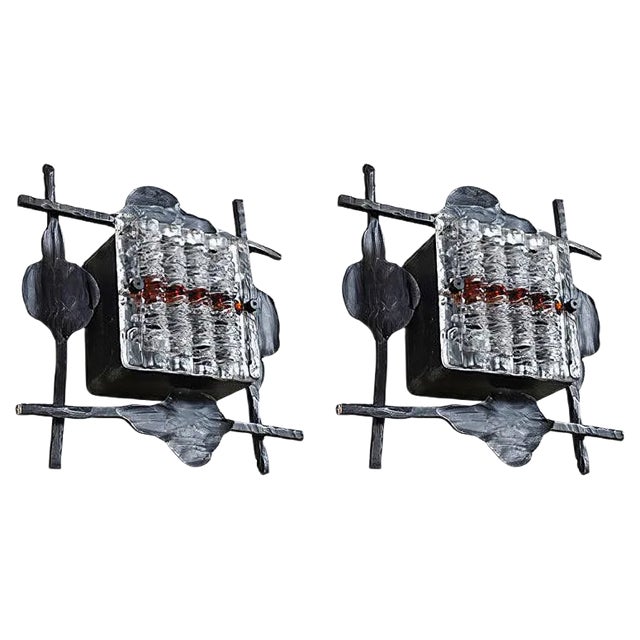 Brutalist Glass and Wrought Iron Lights by Tom Ahlström & Hans Ehrich, 1968, Set of 2 For Sale