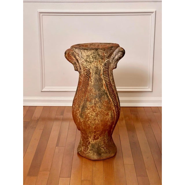 Handcrafted studio Mediterranean terra cotta floor vase, Italy, mid 19th century. A beautifully shaped work with sculpted...