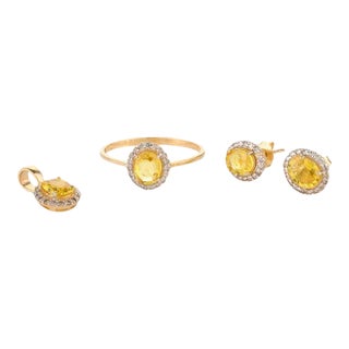 18k Gold Yellow Sapphire and Diamond Halo Pendant, Ring Size 7, Stud Earrings - 4 Pieces For Sale