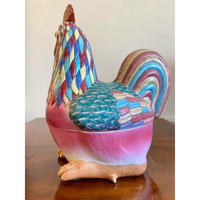 Dark Pink Mid 20th Century Antique Chinese Export Polychrome Porcelain Chicken, Hen, Rooster Form Tureen Box, Large For Sale - Image 8 of 11