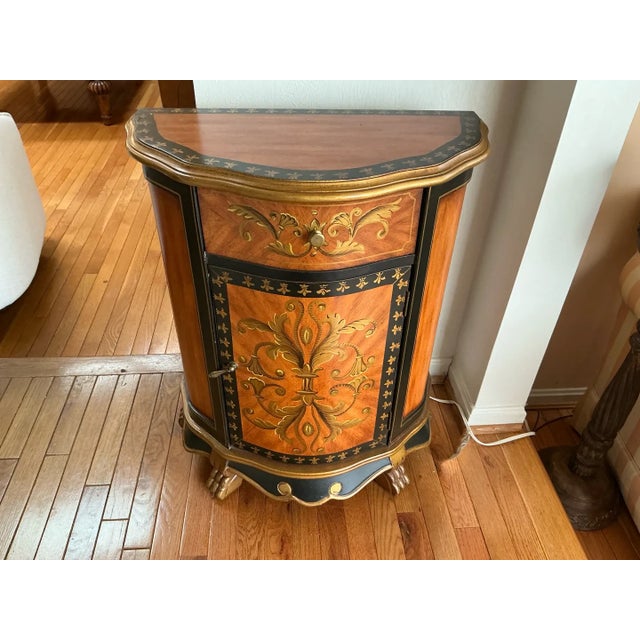 French Country French-Inspired Reproduction Demilune Cabinet With Gold Fleur-De-Lis Motif For Sale - Image 3 of 6