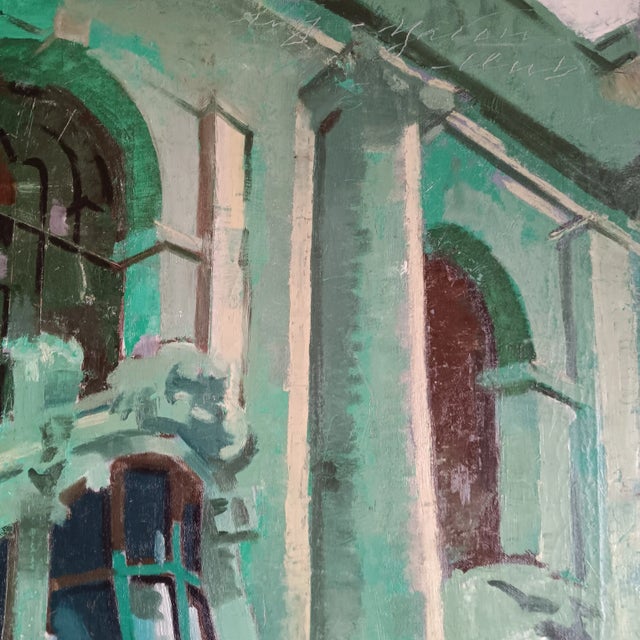 “Nocturne of the New York Yacht Club” Vintage Architectural Cityscape Original Oil Painting by David Beynon Pena For Sale - Image 9 of 9