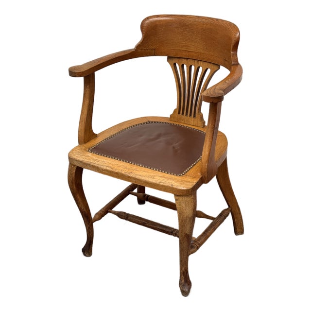 Captain’s Oak + Leather Armchair, Antique For Sale