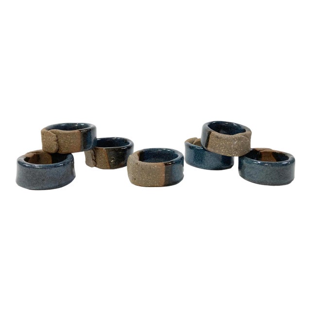 Vintage Two Tone Glazed Stoneware Napkin Rings, S/7 For Sale