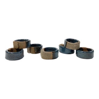 Vintage Two Tone Glazed Stoneware Napkin Rings, Set of 7 For Sale