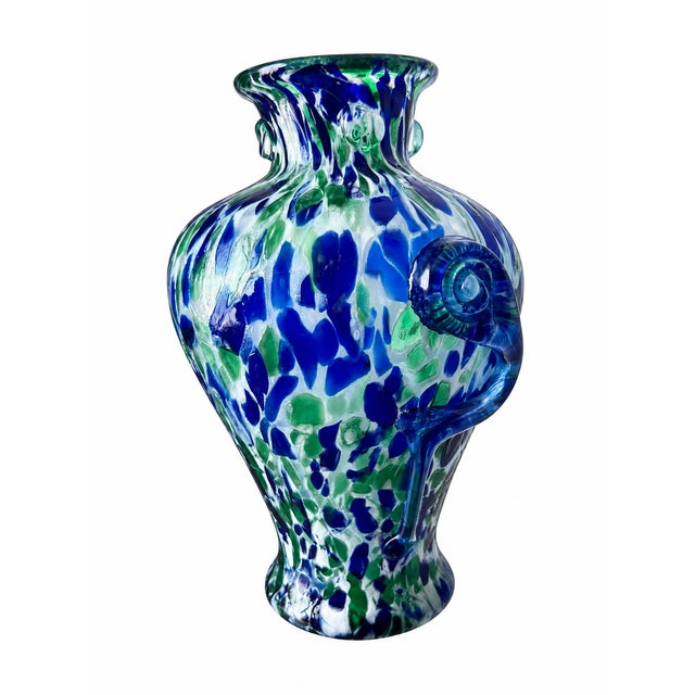 Blue Blue and Green Spatter Art Glass Vase With Cobalt Scroll Handles For Sale - Image 8 of 15