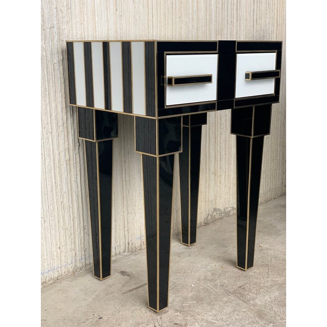 New High Black & White Glass & Brass Inlays New Nightstands With Drawer - a Pair For Sale - Image 4 of 13