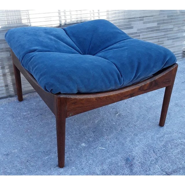 Square Scandinavian Stool with a Rosewood Frame and Blue Fabric Cover, 1960s For Sale - Image 6 of 8