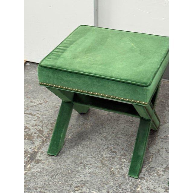 Hollywood Regency Style Green Velvet X-Base Ottoman Stools, Pair For Sale - Image 9 of 12