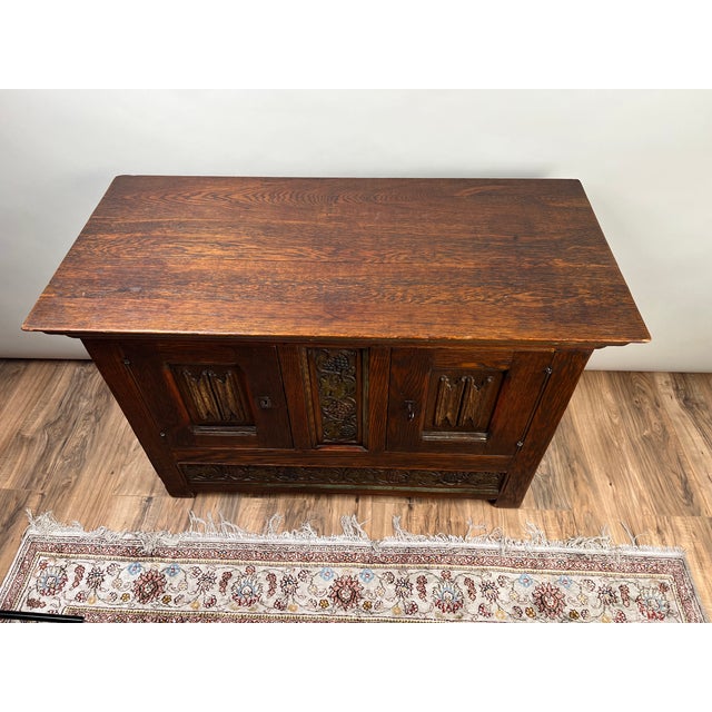 Wood Antique English Oak Court Cabinet With Linen Fold Carved Panels From St. Joseph’s Abby For Sale - Image 7 of 11