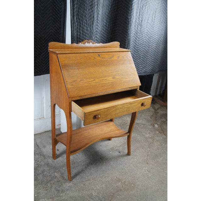 Antique Late Victorian Petite Oak Slant Top Secretary Ladies Writing Desk 28" For Sale - Image 4 of 12