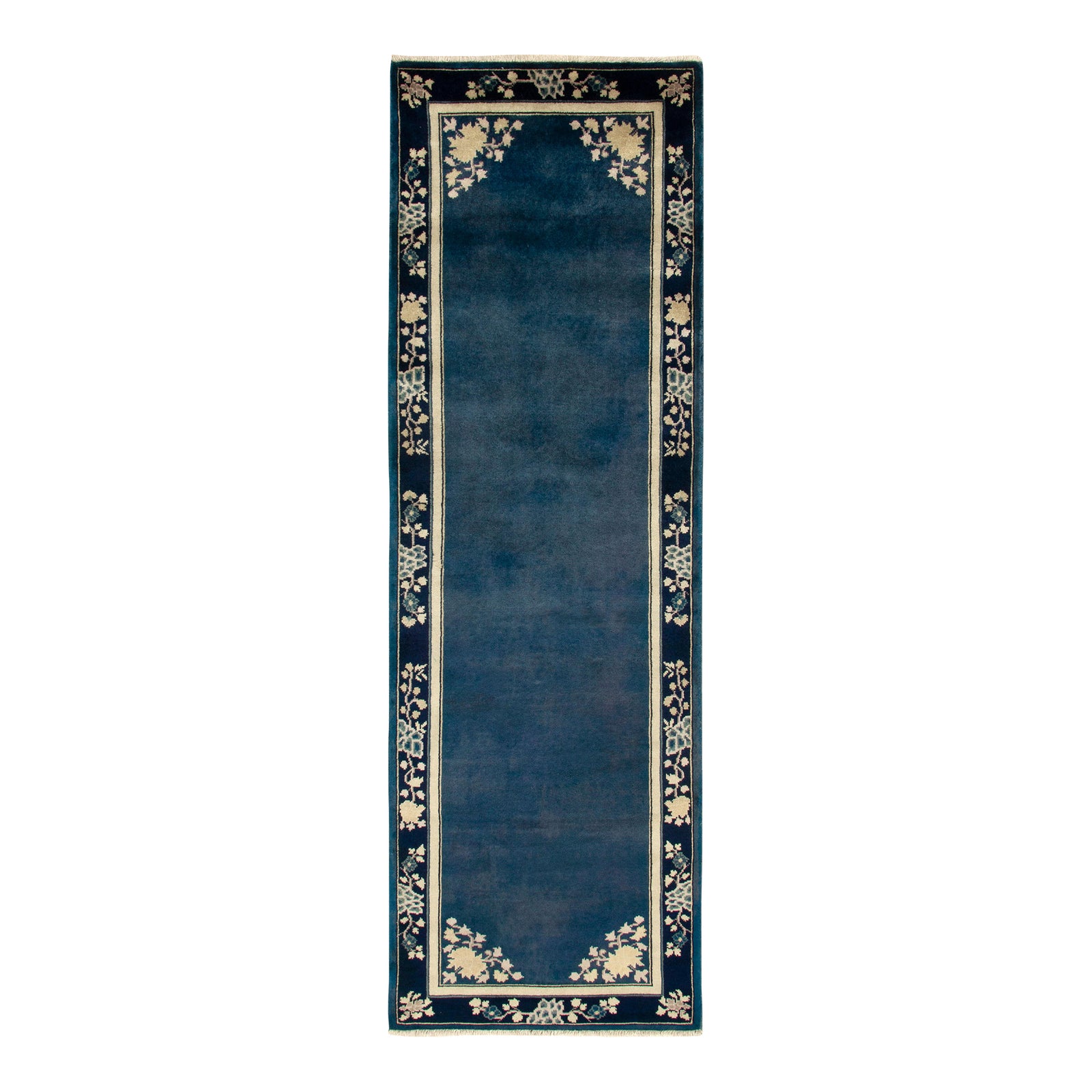 Vintage Chinese Deco Style Runner in Deep Blue & Off White Floral ...