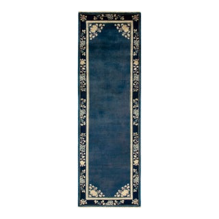 Vintage Chinese Deco Style Runner in Deep Blue & Off White Floral Pattern Border For Sale