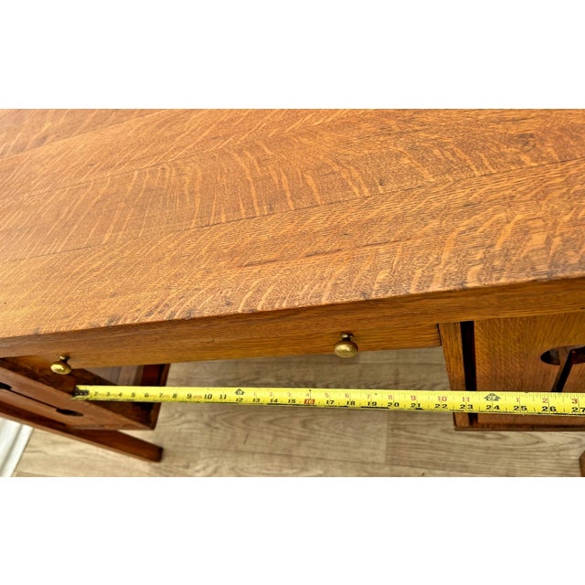 Antique Mission Arts and Crafts Library Desk, Drawer, Tiger Oak, Side Shelves For Sale - Image 11 of 12