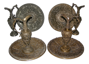 Embossed Bronze Jugs and Basins with Allegorical Scenes by Colleoni of Bergamo, 1890s-1910s, Set of 4