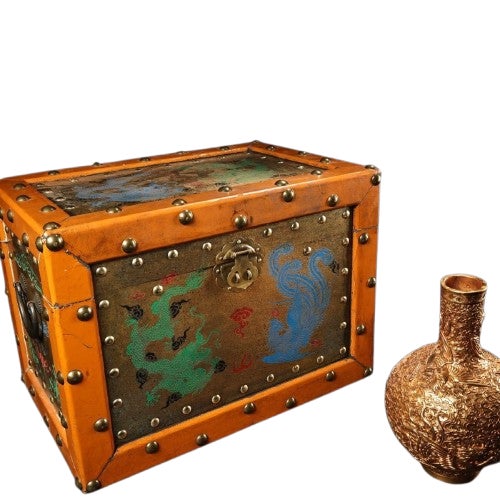 Vintage Chinese Gilt Bronze High Relief Phoenix Vase With Painted Dragon Box - 1700g For Sale