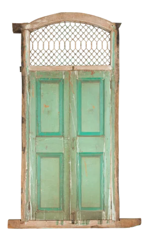 Indian 19th Century Wood and Grate Window with Green Paint and Distressed Patina