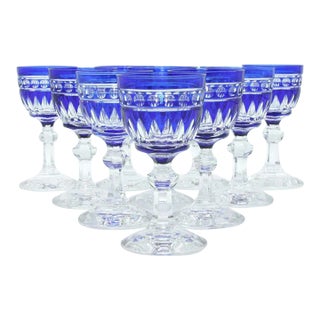 1920s Blue & Clear Cut Crystal Glassware - Set of 12 For Sale