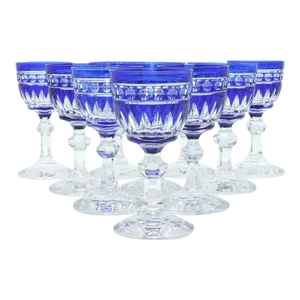 1920s Blue & Clear Cut Crystal Glassware - Set of 12
