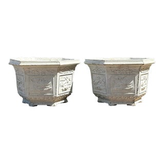 Vintage Asian Chinoiserie Cast Concrete Planters - A Pair For Sale