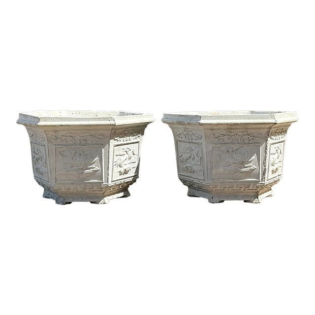 Vintage Asian Chinoiserie Cast Concrete Planters - A Pair For Sale