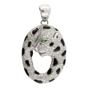Contemporary 14k White Gold Diamond Wrap Panther Pendant With Green Onyx Gemstone in Eyes