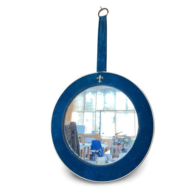 Hollywood Regency Blue Velvet and Brass Medallion Mirror, 1960s For Sale - Image 3 of 9