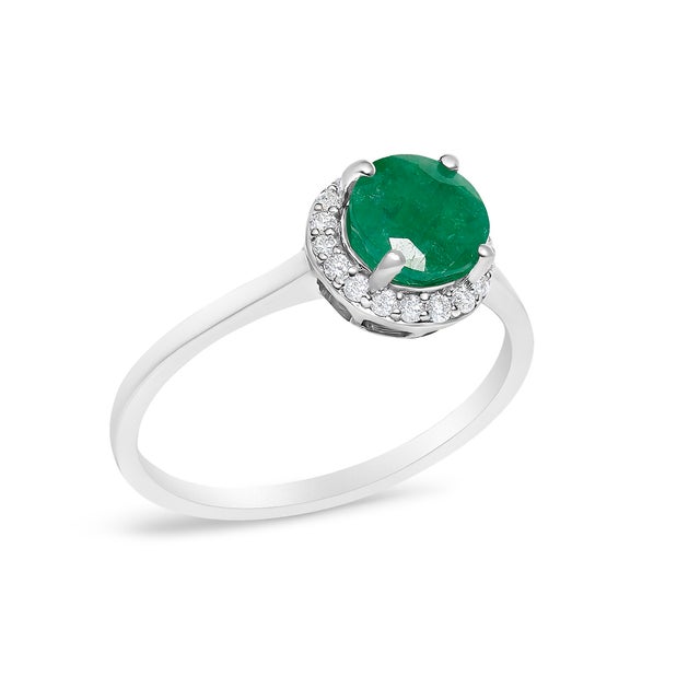 Contemporary 10K White Gold Green Emerald and 1/10 Cttw Diamond Halo Ring For Sale - Image 3 of 7
