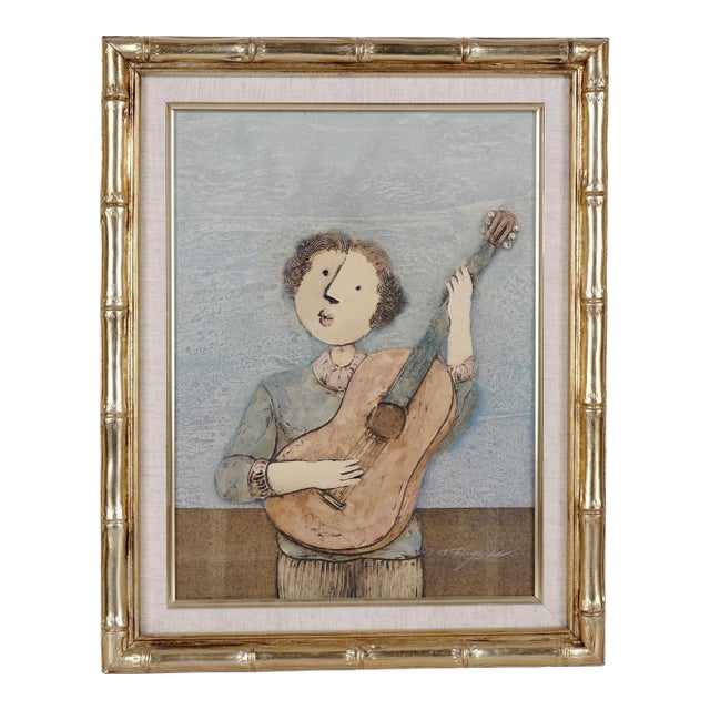 Joyce Roybal Guitarist Hand Painted & Signed Original One of a Kind Oil Painting on Canvas in Gilded Frame Late 20th Century For Sale