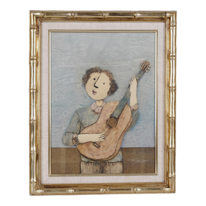 Joyce Roybal Guitarist Hand Painted & Signed Original One of a Kind Oil Painting on Canvas in Gilded Frame Late 20th Century