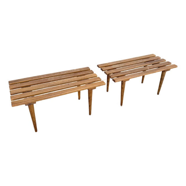 Mid Century Modern Slatted Benches/Side Tables - A Pair For Sale