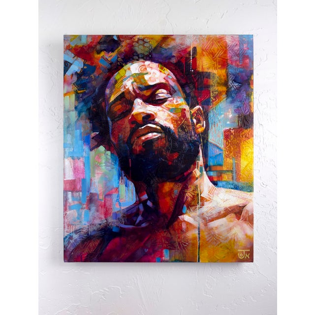 Soul Searching captures a moment of introspection through a vibrant, mixed media composition. The use of bold colors and...