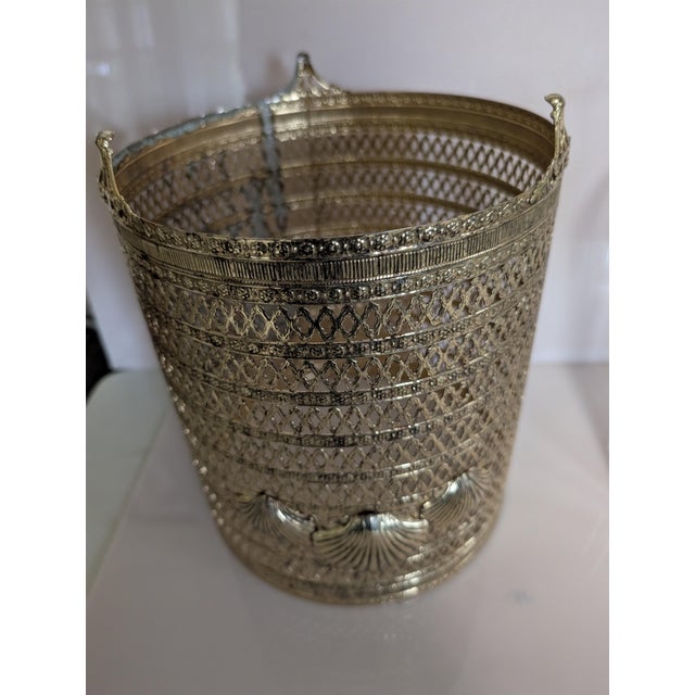 Shell Hollywood Regency Gold Metal Filigree Wastebasket Sea Shell Feet For Sale - Image 7 of 10