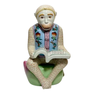 Vintage Chinoiserie Monkey in Blue Vest Reading Book Bombay Co