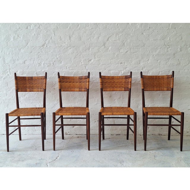 Teak Dining Chairs with Patinated Cane Seats and Backs after Gio Ponti, Italy, 1950s, Set of 4 For Sale - Image 5 of 16