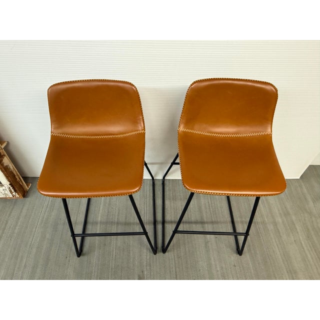 Contemporary Whiskey Faux Leather Bar Stools, Pair For Sale - Image 3 of 12