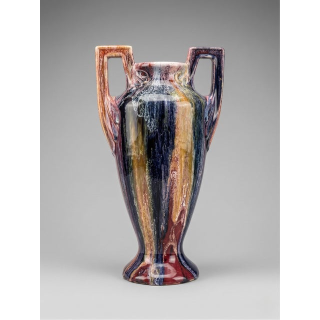 Blue Large French Art Deco Polychrome Flambé Glazed Ceramic Vase with Handles from Elgé, 1940s For Sale - Image 8 of 8