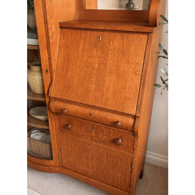Antique Art Deco Secretary Desk | Burl Wood China Cabinet, Arched Mirror Writing Desk For Sale - Image 4 of 6